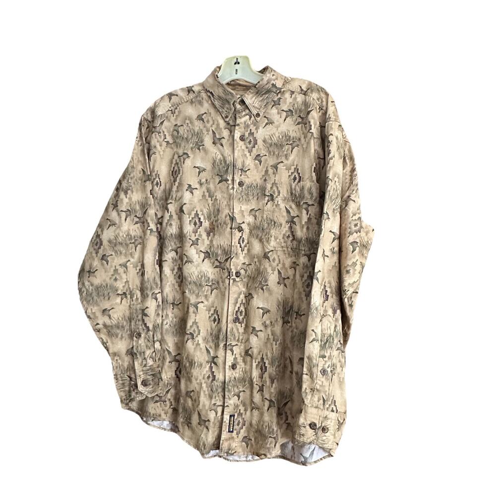 Vintage Woolrich Mens Long Sleeve Button Shirt Lrg brown green water fowl retro